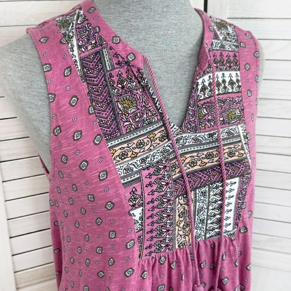 Loft Boho Printed Tassel Neck‎ Sleeveless Tank Top Shirt Pink XS